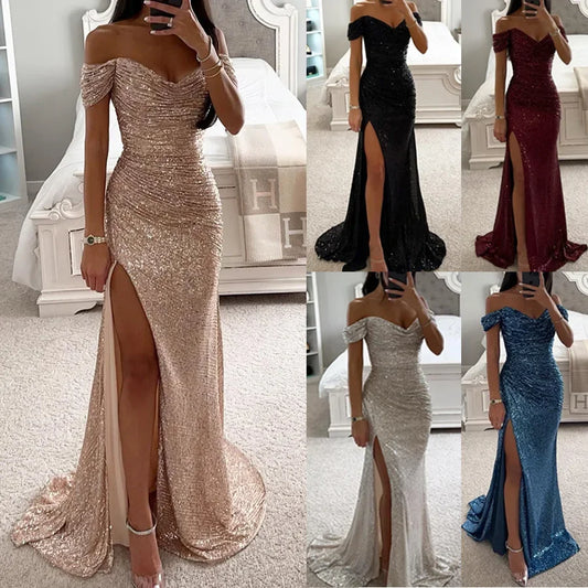 Womens Dresses New Party Sequin One Line Neckline Slit Dress Casual Fashion Dress for Women - Seprincess