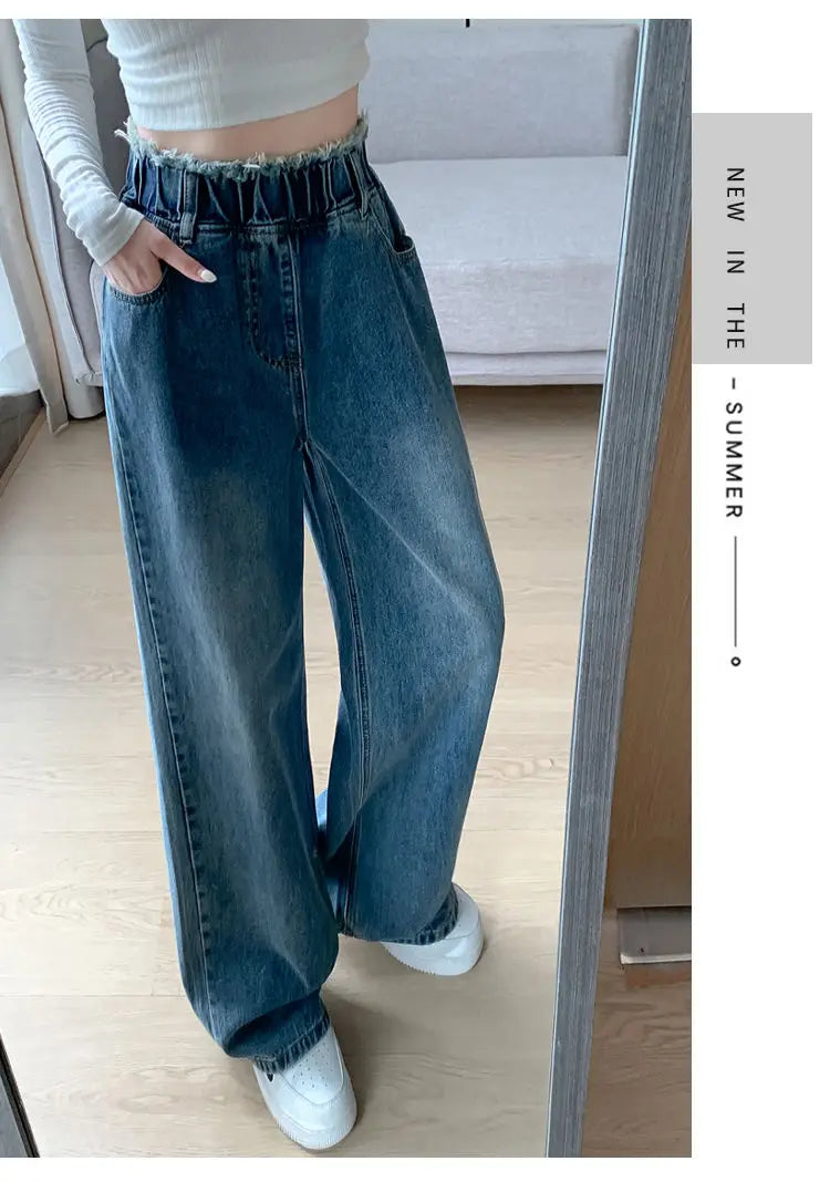 Large Size Denim Trousers Women Trailing Straight Wide Leg Loose High Waisted Slim Lace Tassel Higher Pants