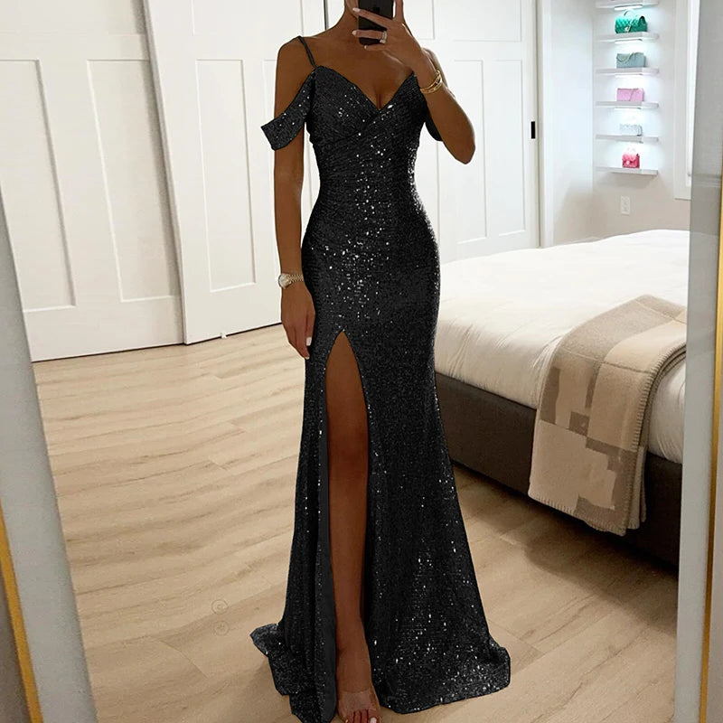 Women Elegant Shiny Sequin Solid Long Dress Fashion Hight Waist Slim Fit Party Dress Sexy V-neck Wrap Chest Split Evening Dress - Seprincess