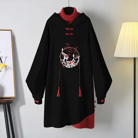 NEW Winter Plus Size Dress Women's Chinese Traditional Style Hanfu Cheongsam Embroidered Tang Suit Hooded Sweatshirt Vestidos