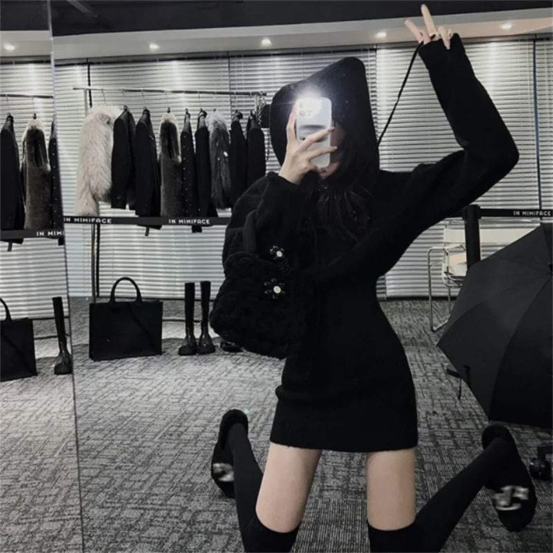 Women Winter Dress Knitted Sweater Solid Slim Elastic Hoodie Dress High Waist Vintage Pullovers Sniper Style Mini Dress Korean - Seprincess