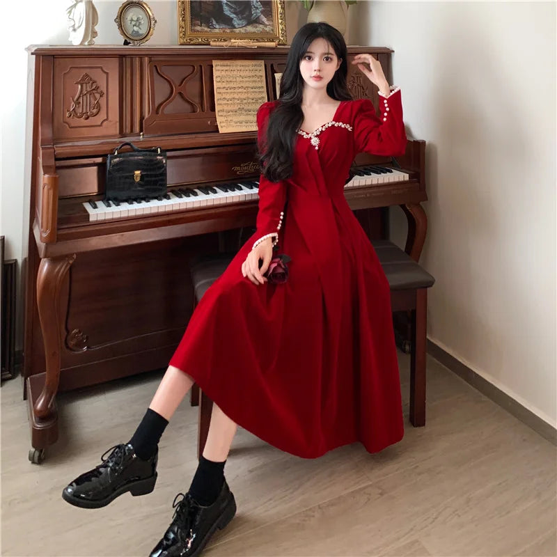 Burgundy Velvet Prom Dresses Square Collar Long Sleeve Pearl Crystal Long Engagement Dress Plus Size Female Formale Gowns - Seprincess