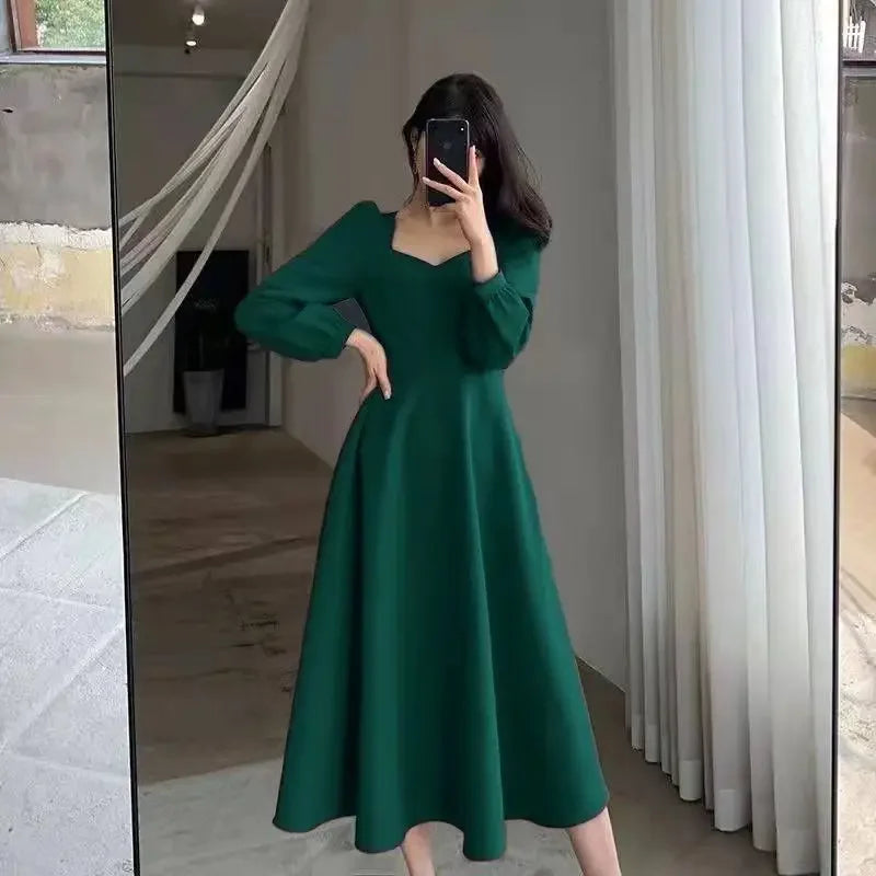 Spring 2022 New Vintage V-neck Long Black Dress Women's Elegant Legging Dress Hebon Style - Seprincess