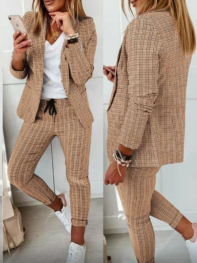 New Autumn Winter Plaid Printing Two Piece Sets Women Casual Notched Collar Blazer & Pants Set Outfits Fashion Elegant Suit Sets - Seprincess