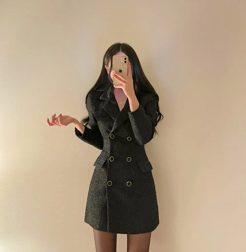 Elegant Tweed Blazer Dress Double Breasted Slim Short Dresses for Women Korean Fashion Office Lady Coat Dress Autumn Winter New - Seprincess