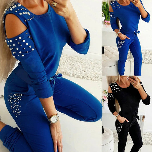 2 Pieces Set Women Europe Fall 2022 Outfit Sexy Nail Bead Pure Color Round Collar Long Suit Sports Set Dropshipping ZXP9596 - Seprincess