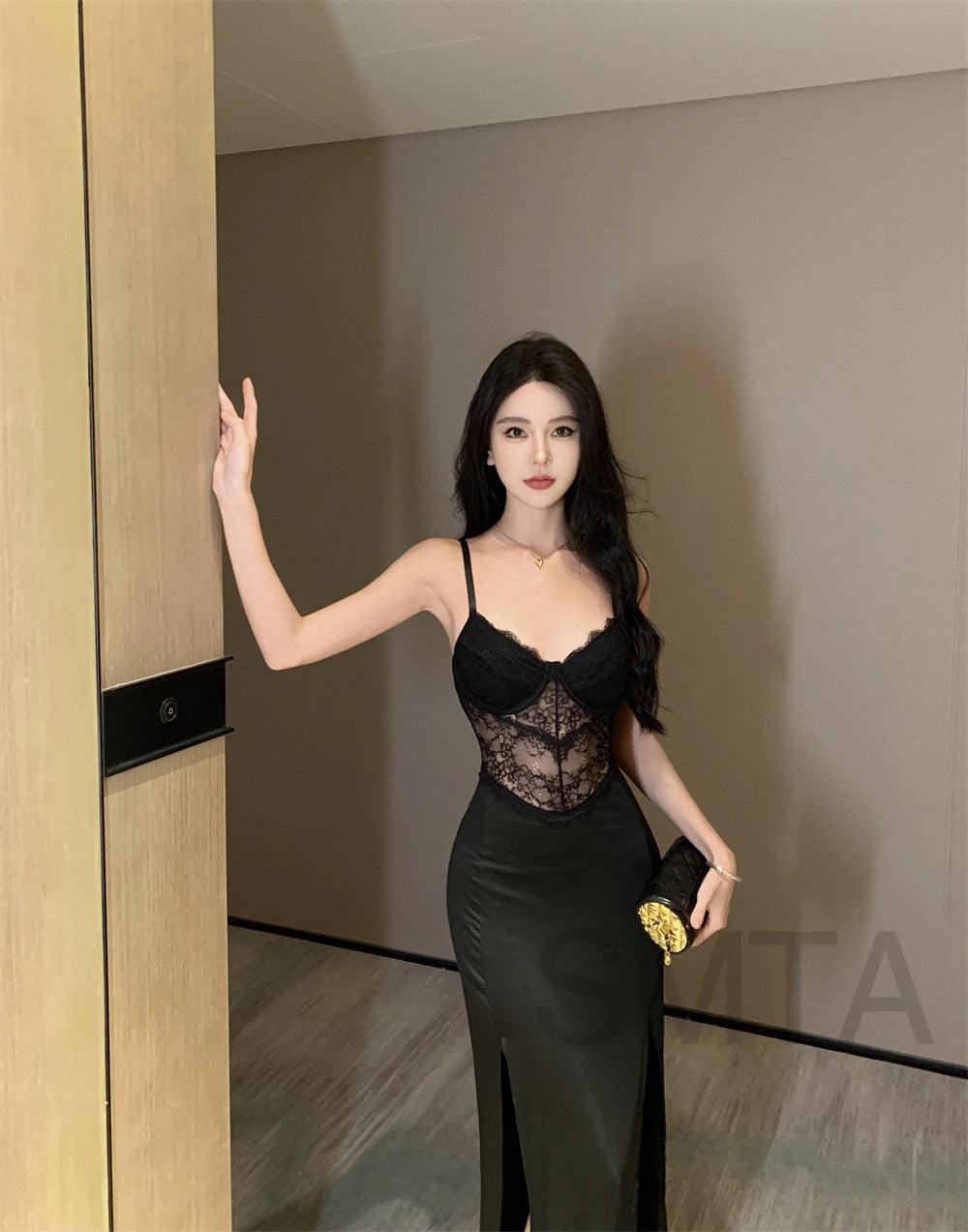 Vintage Sexy Black Lace Prom Maxi Dress Women Hollow Out Split Bodycon Camisole Dresses Evening Party Club Fashion Spring 2024 - Seprincess