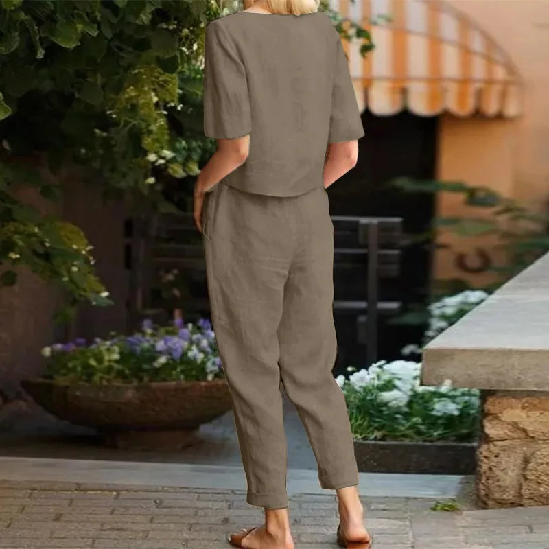 Women's Pullover Shirt And Pants Two-piece Set 2024 Women's Cotton And Linen Summer Suit Short Sleeved O-neck Outfit Pants - Seprincess