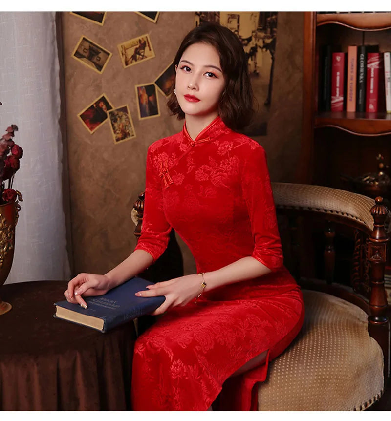 Red 3/4 Sleeve Long Cheongsam Velvet Slim Mother Dress Elegant Traditional Evening Dresses Qipao - Seprincess