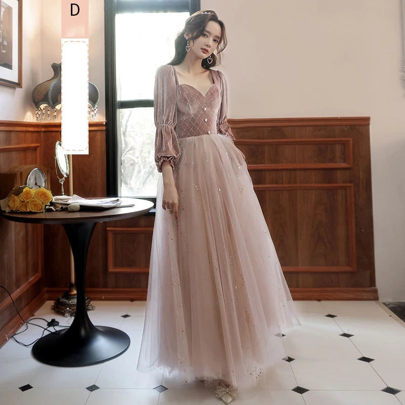 Autumn Winter Bridesmaid Dress New Women's Long Sleeve Corduroy Lace Splicing Style Dress Wedding Sisters Group Evening Dresses - Seprincess