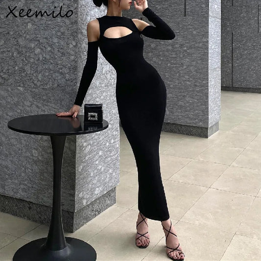 Xeemilo Elegant Hollowed Off Shoulder Maxi Dress Black Sexy Long Sleeve Split Dresses 2022 Women Slim Fitting Evening Party Robe - Seprincess