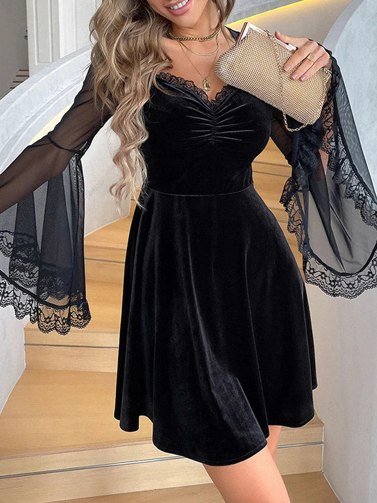 Goth Dark Velvet Elegant Gothic Aesthetic Party Dresses Mesh Flare Sleeve Grunge Vintage Dress Female Ruched V-neck Sexy Outfits - Seprincess