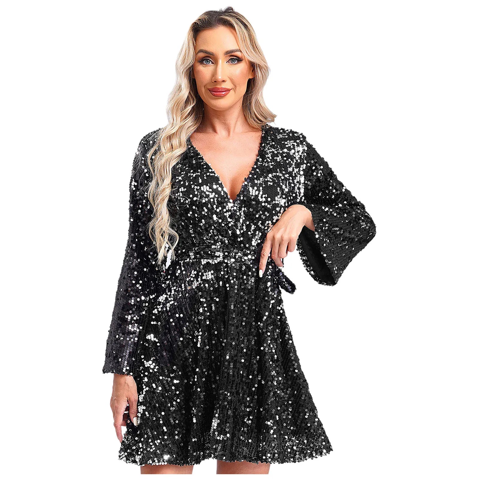 Fashion Women's Dress Clubbing Prom Vestidos V Neck Loose Sequin Dresses Long Sleeve Gown for Cocktail Party Prom Evening Robe - Seprincess