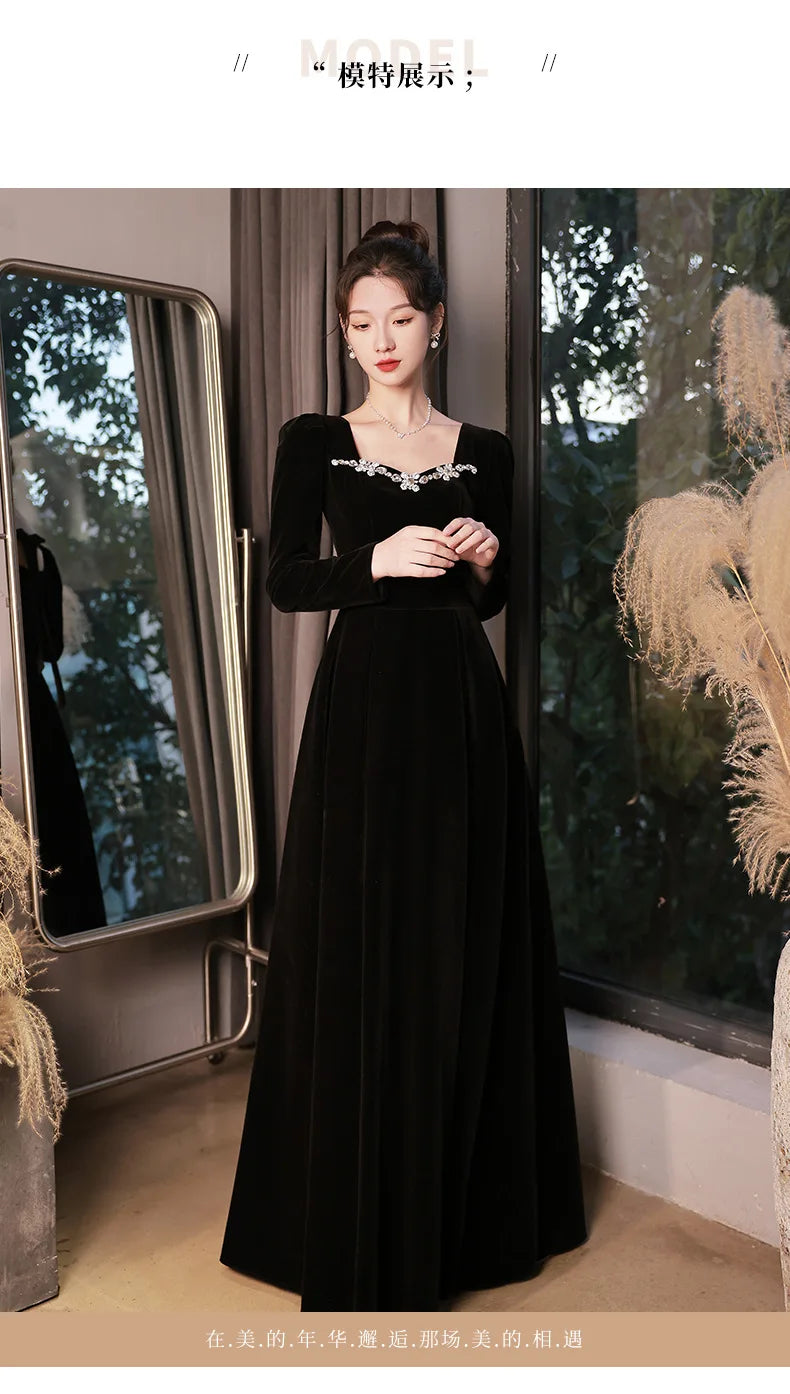 Autumn Winter Black Evening Dress Women Elegant  Luxury Velvet Long Sleeve A-line Party Dresses French Beadding Prom Gown - Seprincess