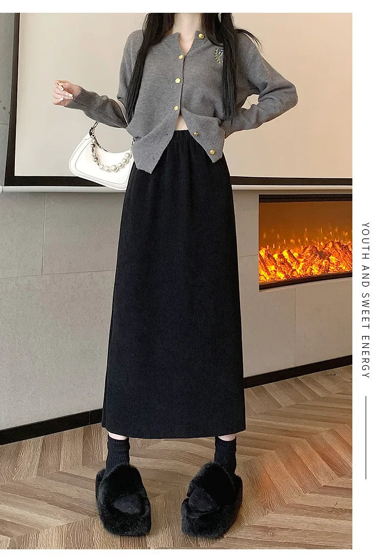 Thickened Fleece-Lined Corduroy Skirt Women's Autumn/Winter 2024 New Medium-Length A- Line Skirt With Side Slit High-Waisted