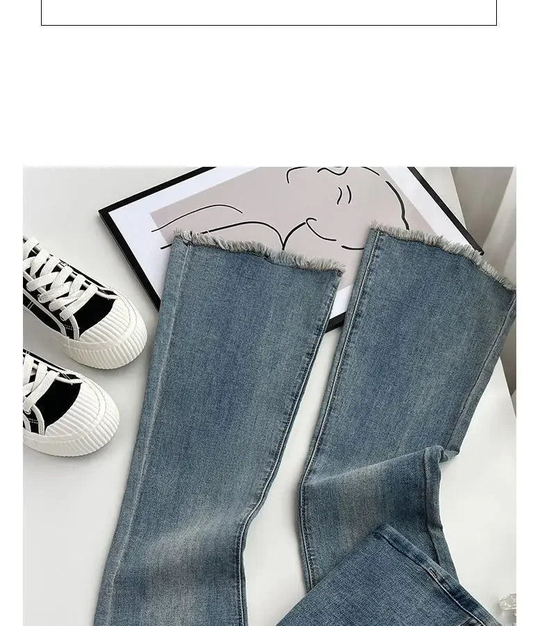 Summer New Fringe Jeans Women's Student High-waisted Elastic Slimming Bootcut Pants Vintage Thin Bell-bottom Pantsins