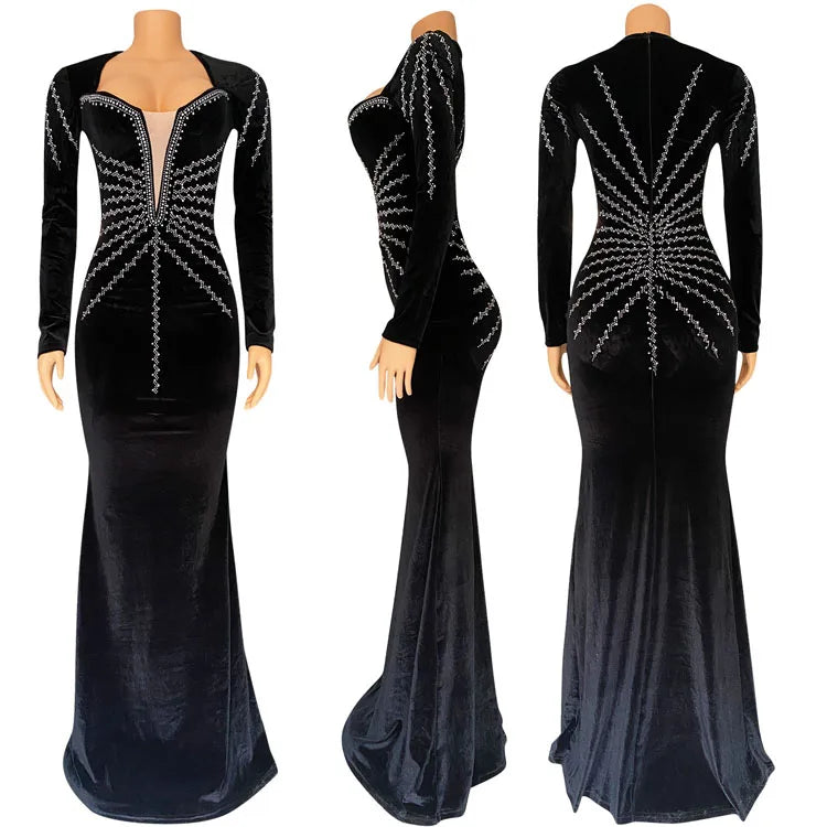 Women Sexy Velvet Mesh Rhinestone V-Neck Floor-Length Evening Party Dress Long Sleeve Back Zipper Mermaid Dresses - Seprincess