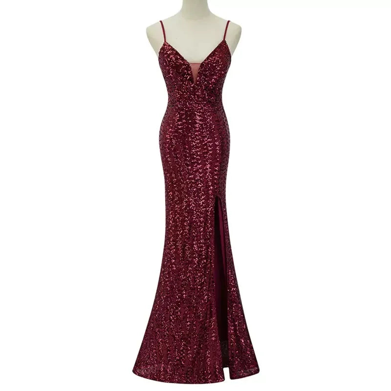 DSP Sexy STrap Deep V Neck Sequin Dress for Prom Women's Gala Dress Evening Party Dresses Long Prom Dress - Seprincess