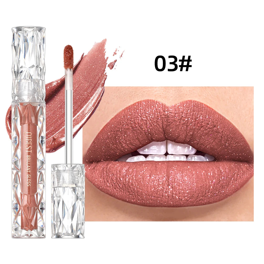 QIBEST Shimmer Lip Gloss Diamond Glitter Lip Tint Waterproof Long Lasting Matte Liquid Lipstick Red Purple Lipgloss Women Makeup