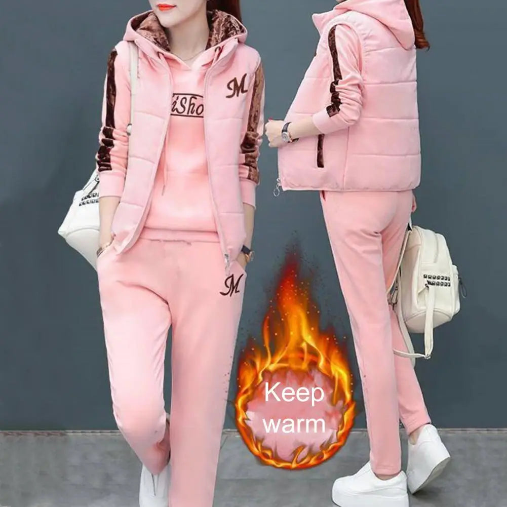 Fashion Warm Three Piece Set Women Outfit 2022 Fall Winter Thicken Tracksuit Casual Waistcoat + Hoodies + Pant Female Sweat Suit - Seprincess