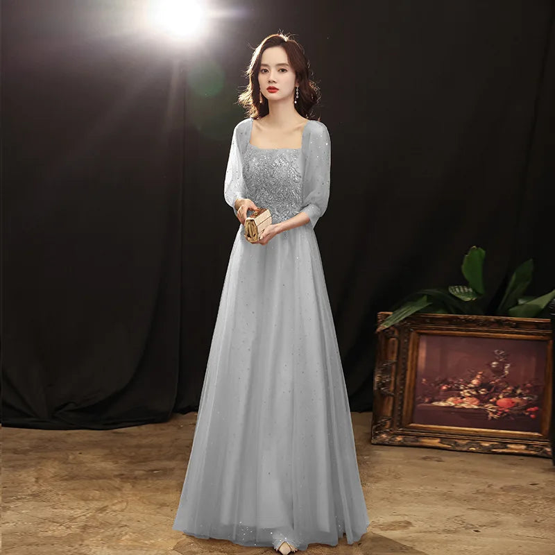 Grey Shining long lady girl women princess banquet party ballbridesmaid performance prom dress performance gown - Seprincess