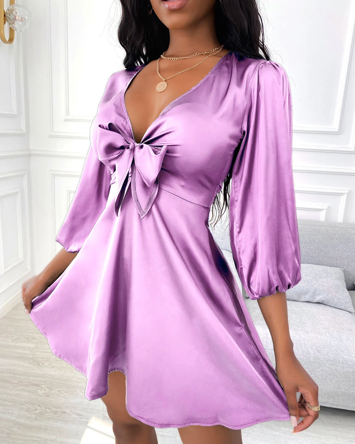 2022 New Women's Mini Satin Puff Sleeve Plunge Tie Front Dress Solid Bow Spring Summer Party Casual Chic Sexy V Neck Dress femme - Seprincess