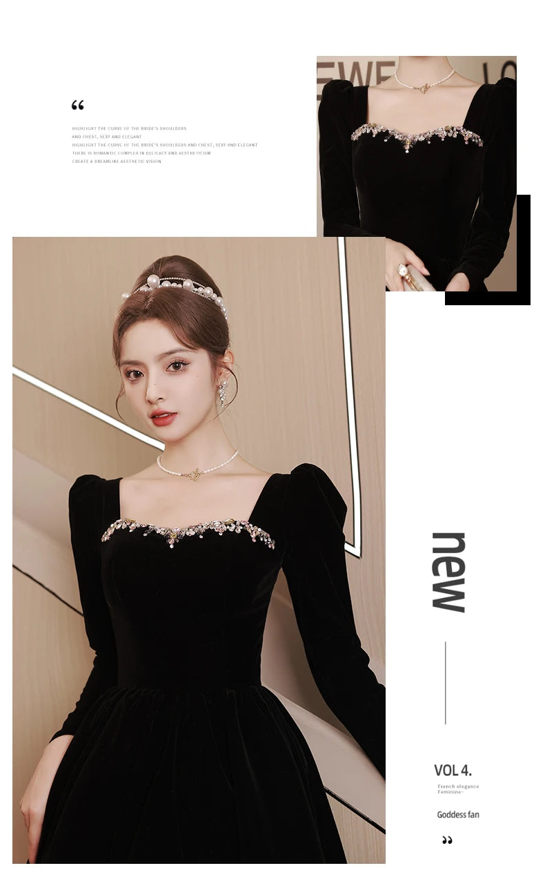 Black new light luxury small temperament banquet velvet long-sleeved dress - Seprincess