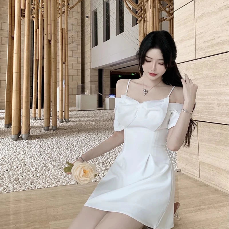 Zoki Bow Sexy Slash Neck Dress Women Summer Korean Elegant White Mini Dress Fashion All Match Party Night Camis Vestidos - Seprincess