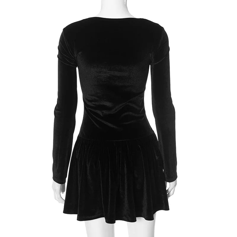 Nsauye Women Winter Black Velvet Elegant Pleated Dress Mini Square Neck Skinny Long Sleeve Sexy Party Birthday Night Club Dress - Seprincess