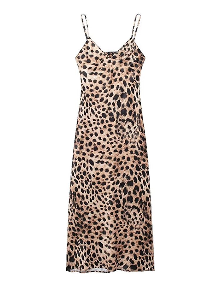 Silk Satin Leopard Printed Suspender Dresses Sexy Slim-Fit Evening Gown Waist Cinching Personality Retro Women Halter Long Dress - Seprincess