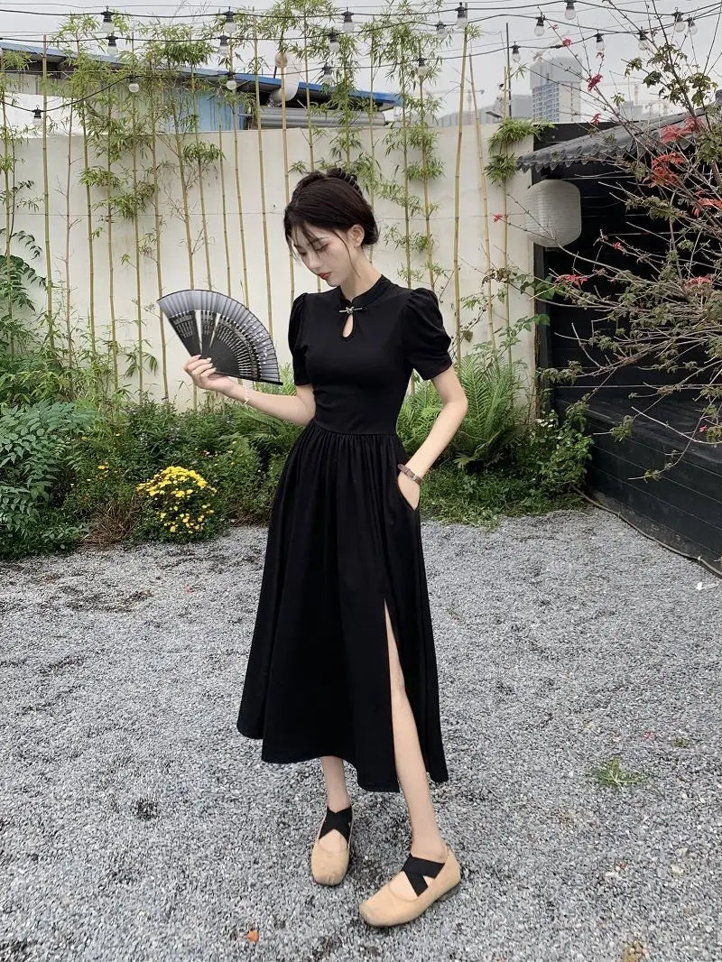 New Chinese Style Improved Cheongsam Dress New Summer Qipao Temperament Black Large Swing Split Midi Qi Pao Dress Woman - Seprincess