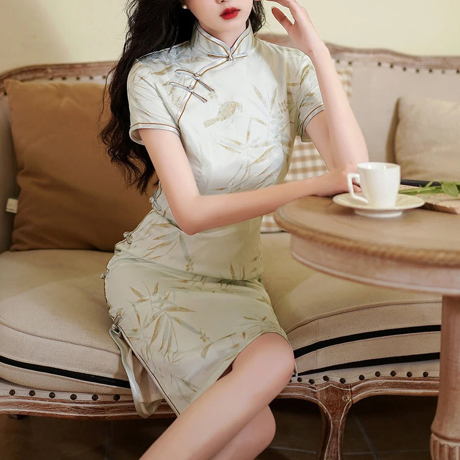 Chinese Style Dresses Women Green Print Cheongsams Elegant Chinese Traditional Dress Satin Vestido Chino Oversize 3Xl4Xl Qipao - Seprincess