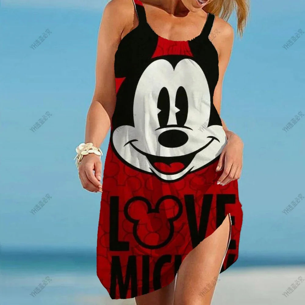 Summer Women 3D Tie Dye Rainbow Suspenders Bohemian Vintage Beachwear Girl Disney Minnie Mickey Mouse Sexy Party Beach Dress - Seprincess