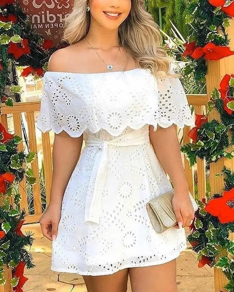 Hollow Out White Dress Women Summer Off Shoulder Lace Up Mini Dress Fashion Lace Splicing Holiday Long Dresses - Seprincess