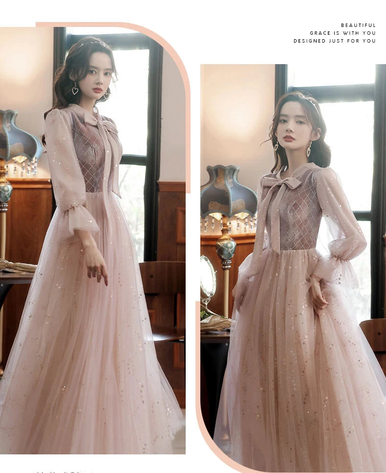 Autumn Winter Bridesmaid Dress New Women's Long Sleeve Corduroy Lace Splicing Style Dress Wedding Sisters Group Evening Dresses - Seprincess