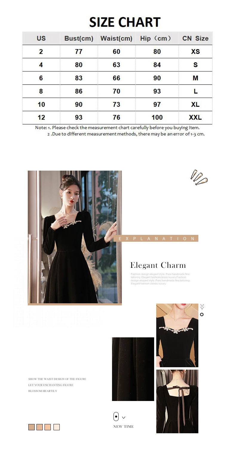 Autumn Winter Black Evening Dress Women Elegant  Luxury Velvet Long Sleeve A-line Party Dresses French Beadding Prom Gown - Seprincess