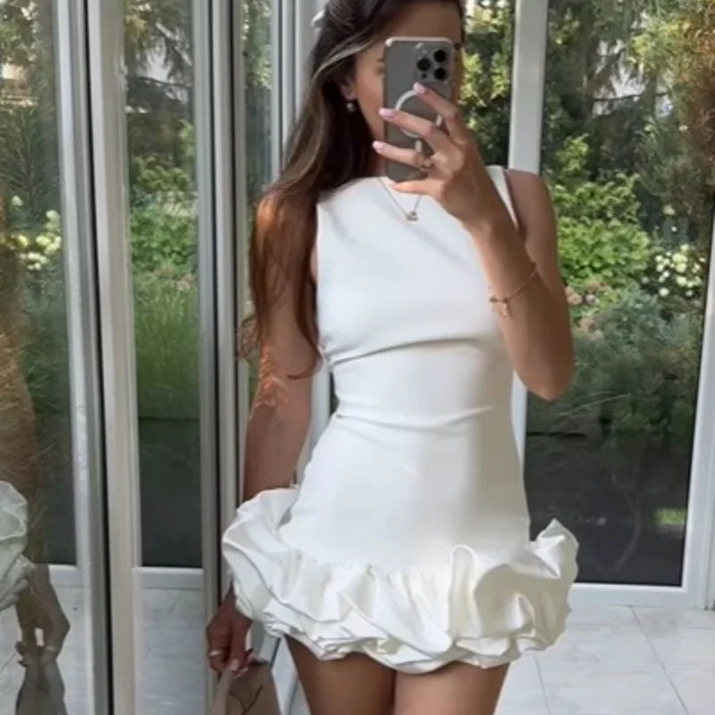 Sexy White Pleated Ruffles Mini Dresses Women Chic Round Neck Sleeveless Slim Fit Short Dress 2024 New Lady Club Party Vestidos - Seprincess