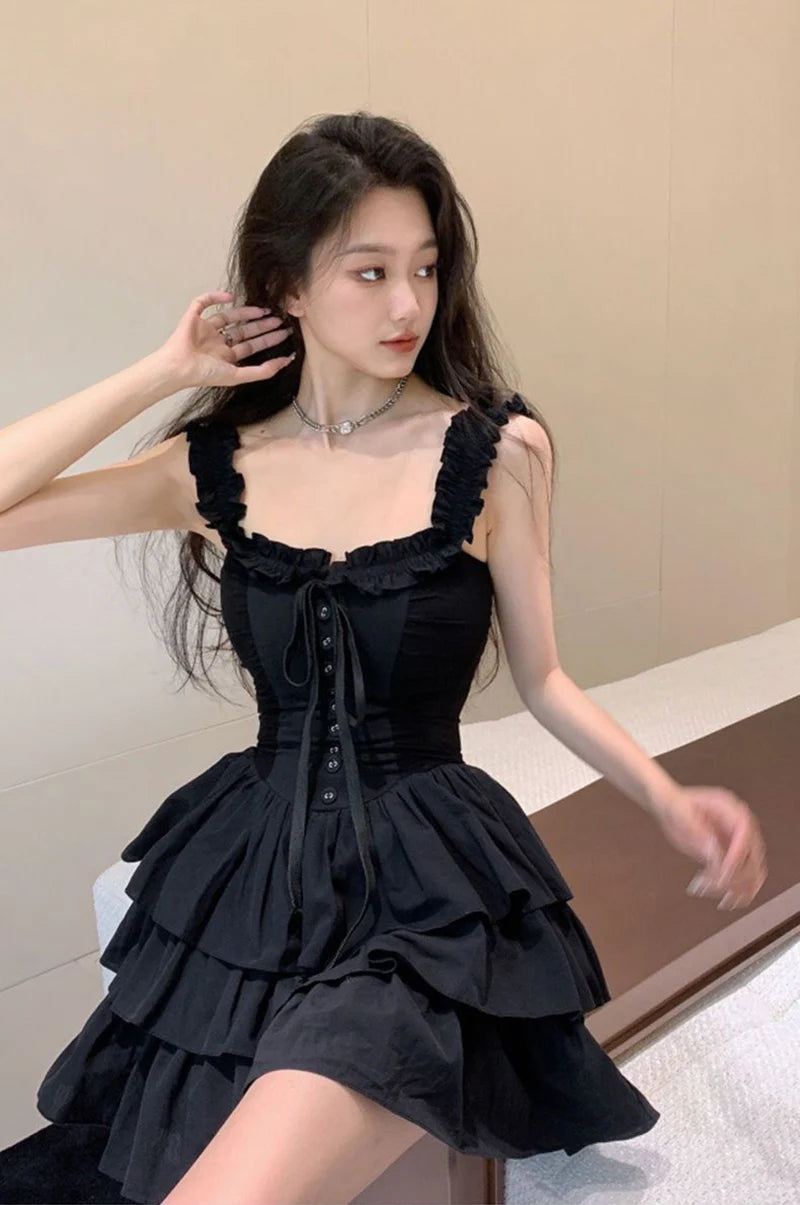 Jmprs Sexy Slip Lolita Style Black Dress Women Vintage Sleeveless Y2K Mini Dress Summer Slim Sweet Korean Lace Up Cake Dress New - Seprincess