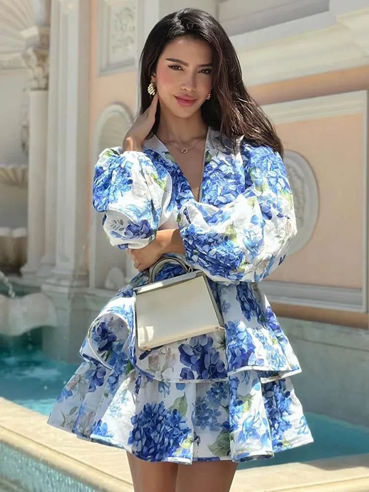 Elegant Flower Printed Ruffles Layered Mini Dress Chic V Neck Puff Long Sleeved A Line Dresses Fashion Lady Evening Party Gown - Seprincess