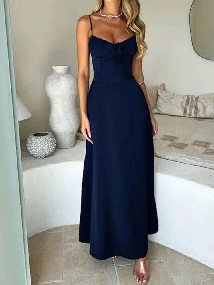 Elegant Strappy Backless Long Dress Women's Summer Fashion Round Neck Smocked Solid Color Slim Evening Dress Long Dress - Seprincess