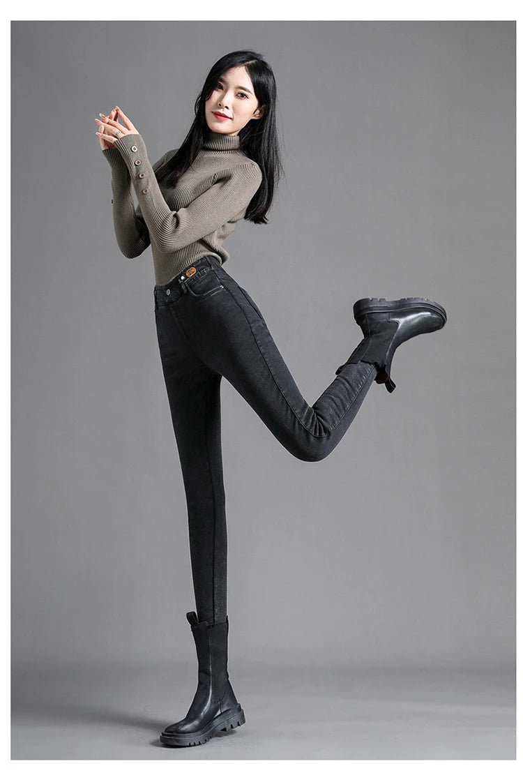 High Waisted Slim Small Leg Denim Jeans For Women New Black Gray High Stretch Pencil Pants Classic High Quality Brand