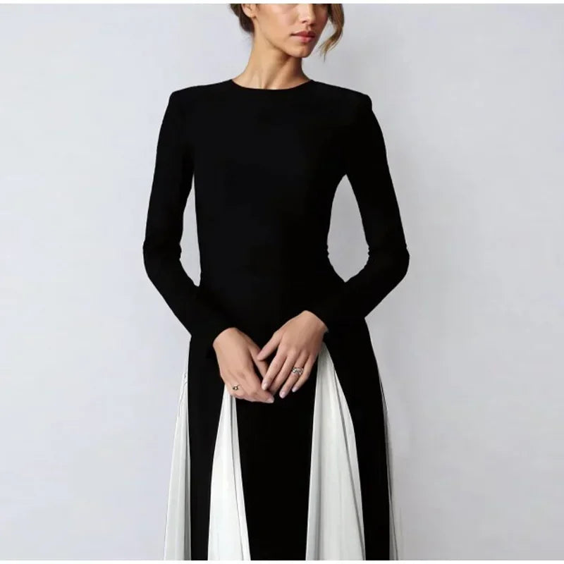 Elegant Black White Patchwork Maxi Dresses Women Fashion O-neck Long Sleeves Slim Dress New Female Evening Party Robes - Seprincess