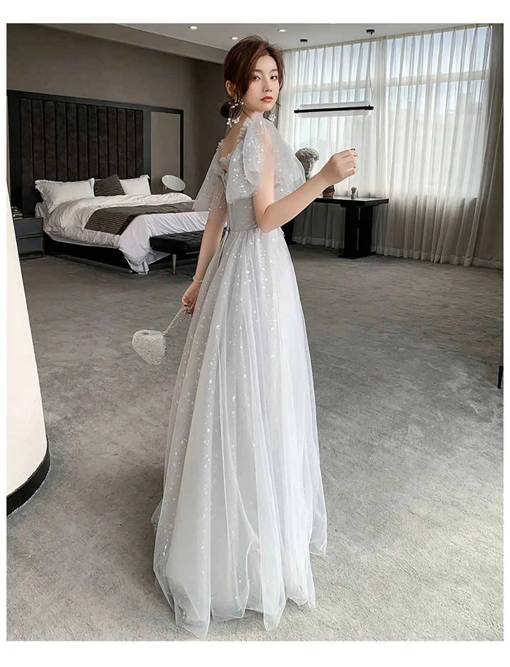 Bridesmaid Dress Women Lantern Sleeve Sequin Tulle Party Dresses Fairy Stage Performance Elegant Ladies Banquet Evening Gown - Seprincess