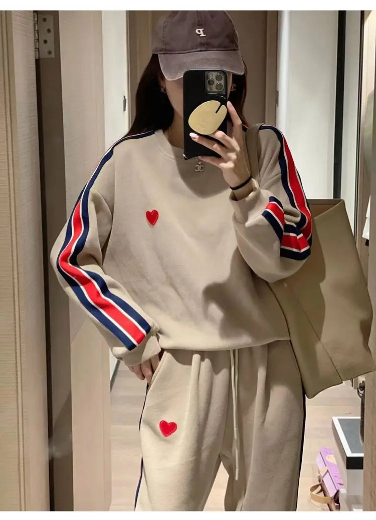 Autumn Cute Love Embroidery Pant Sets Two Pieces Tracksuits Khaki Side Striped Sweatshirt Women Girls Loose Sporty Korean Style - Seprincess