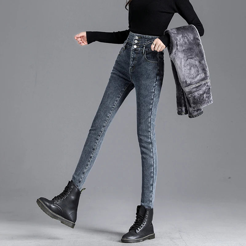 Winter Women Thick Velvet High Waist Skinny Jeans Simple Warm Fleece Slim Fit Stretch Trousers Casual Ladies Denim Pencil Pants