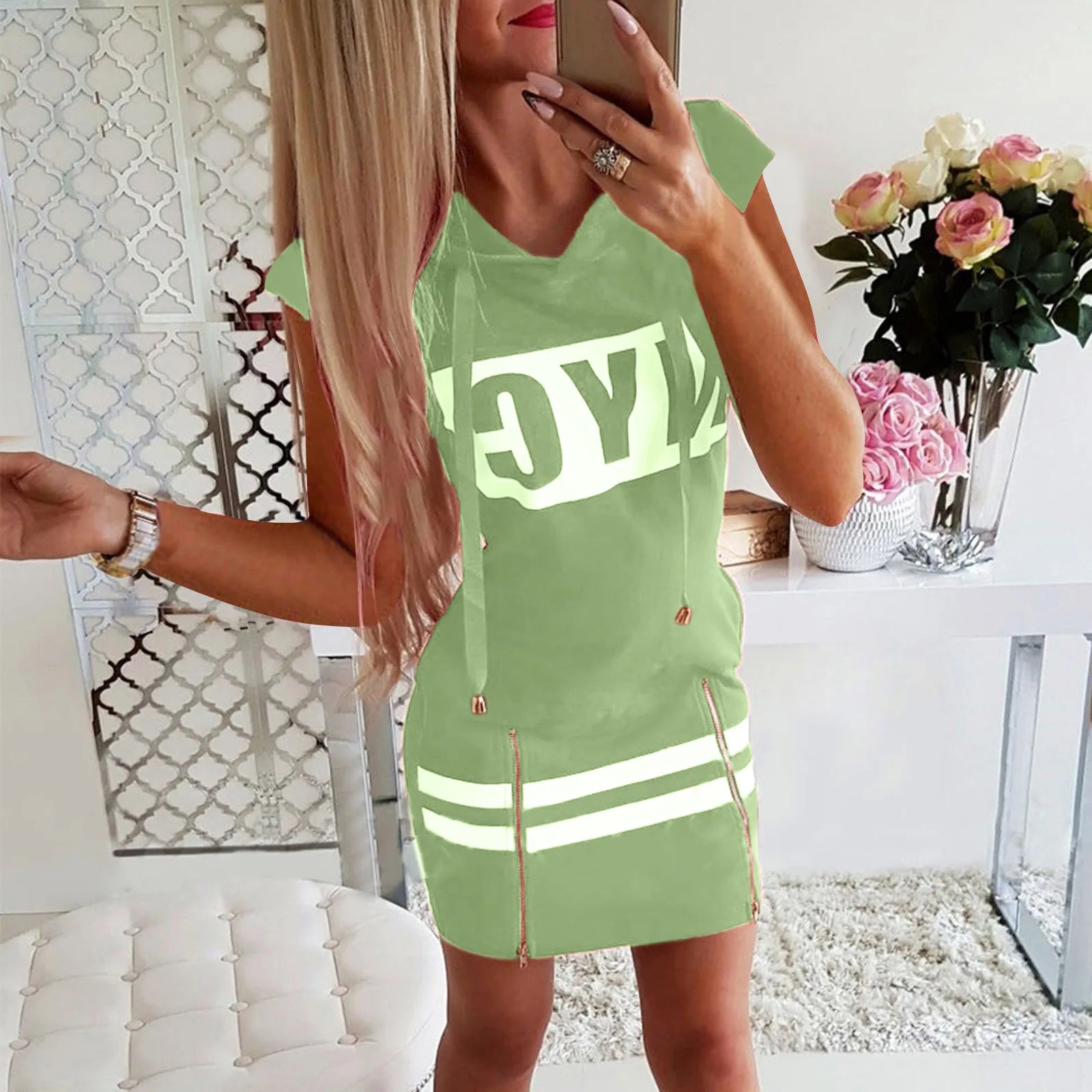 2022 Hooded Women Summer Dress Short Sleeve Letter Print Zipper Bandage Hoodies Lady Casual Sport Bodycon Vestidos Mini Dresses - Seprincess