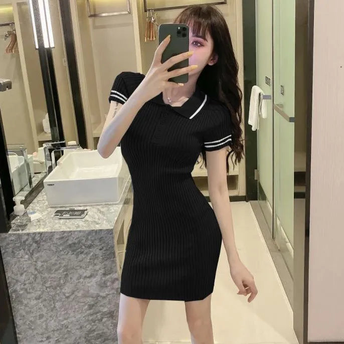 Lapel Knitted Dress Elastic Slim Soft Mini Dresses 2021 Solid Color Casual Simple Girl College Style Sweet  Bottoming Base Dress - Seprincess