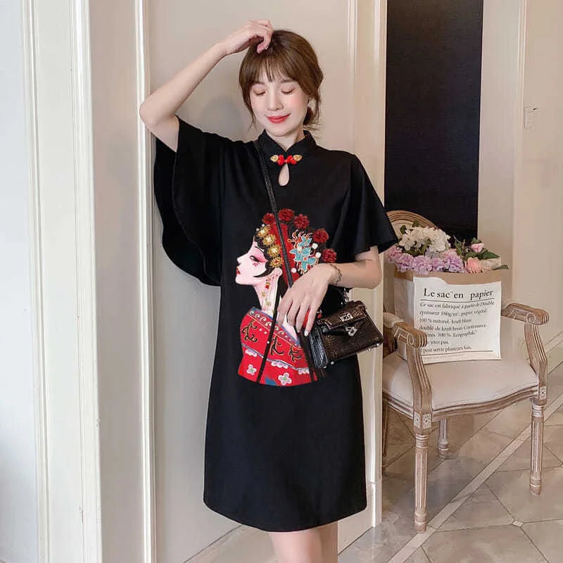 Chinese Opera Print Dress for Women, Summer Long Sleeve, National Style Cheongsam, Modern Improve, Elegant, Loose Qipao - Seprincess