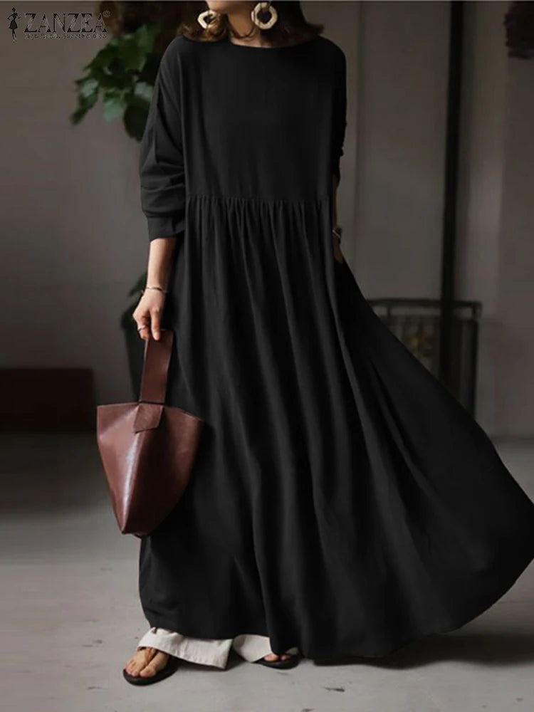 Autumn Women Sundress ZANZEA 2023 Vintage Solid Dresses Female Cotton Robe Casual Long Sleeve Pleated Maxi Vestidos Kaftan - Seprincess