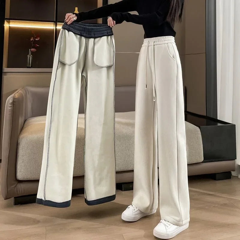 Women's Narrow-Legged Fleece-Lined Bell Bottoms Casual Straight-Leg Pants Trendy Autumn Winter 2023 Slimming Draped Cotton Velve